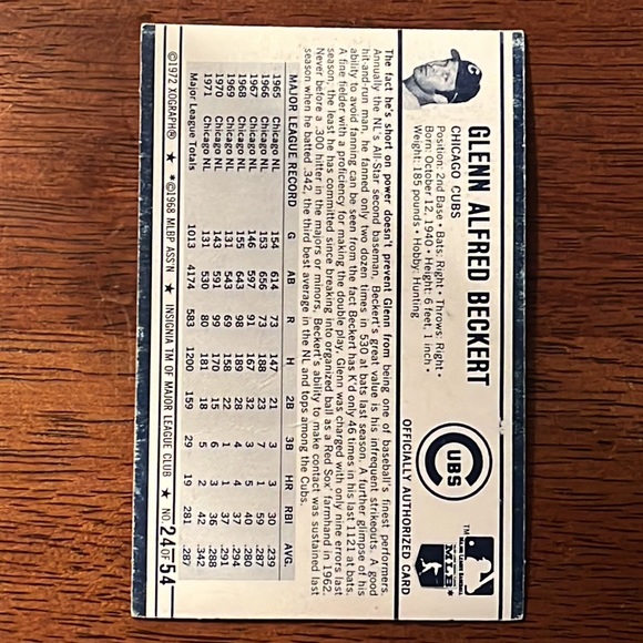 1972 KELLOGG'S XOGRAPH 3-D STARS BASEBALL CUBS GLENN BECKERT #24 of 54 - Picture 2 of 6